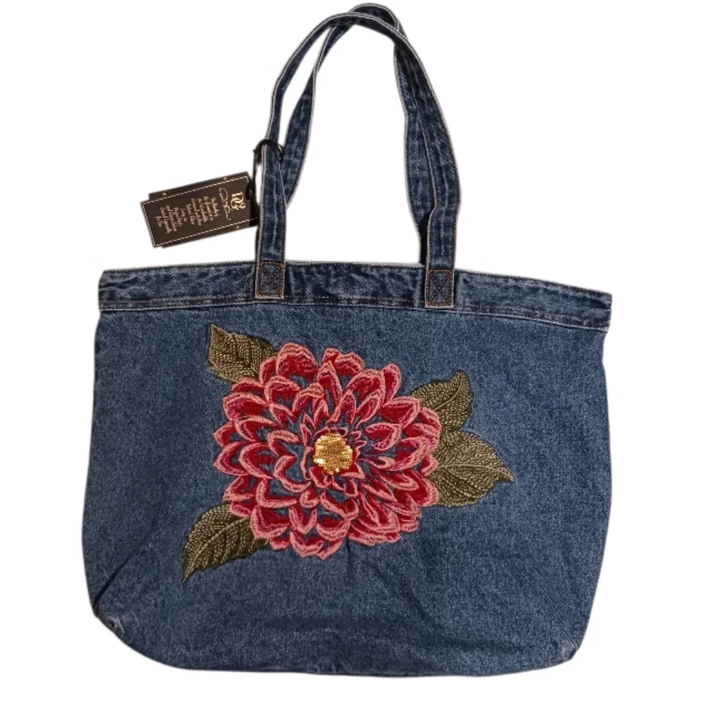 DG2 Flower Embroidered Denin Tote - Picture 2 of 7